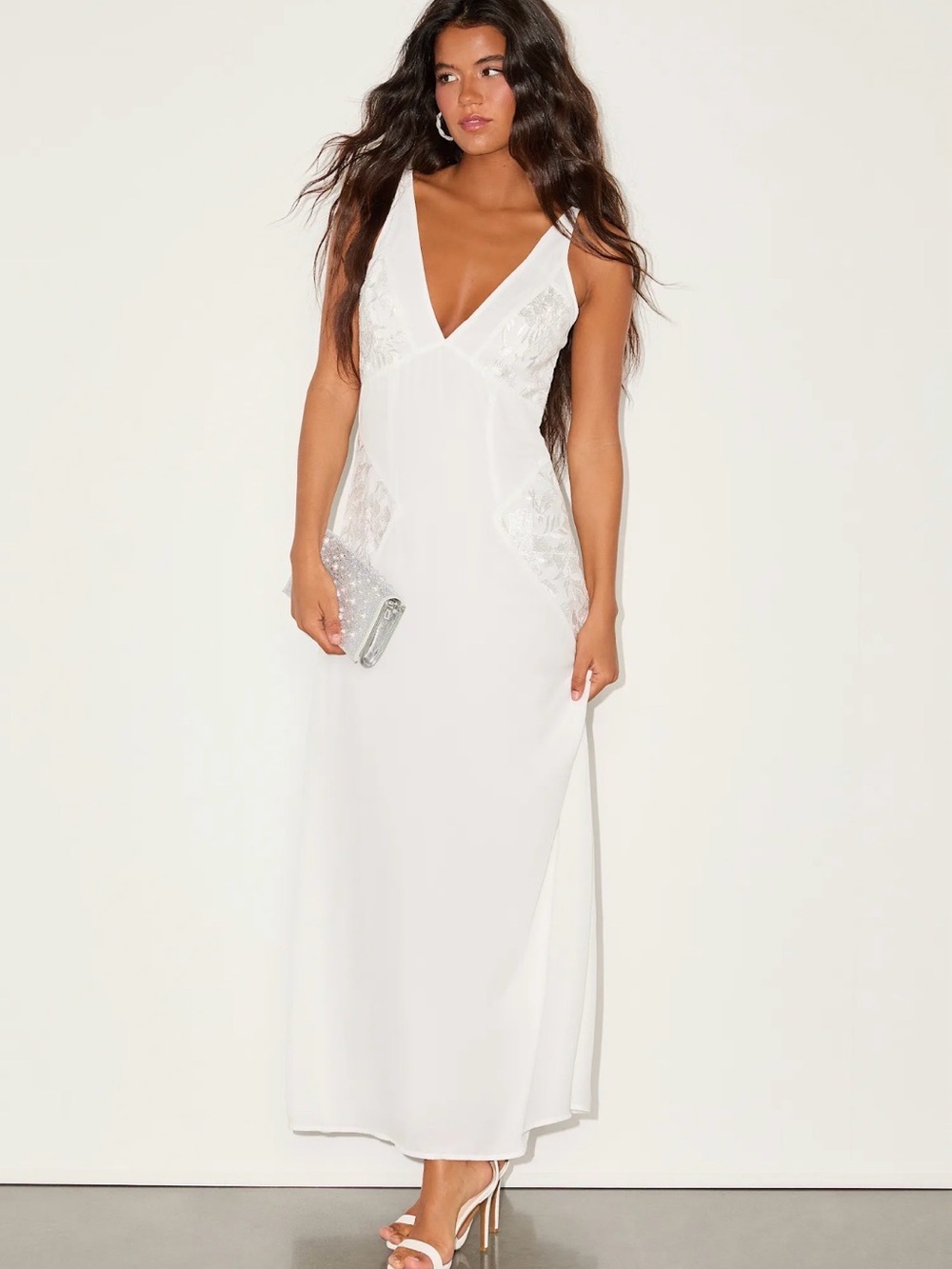 Lulu's White V-Neck Lace-Panel Maxi Dress: XS, wedding rehearsal, bridal